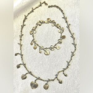 Silver-plated Bronze Aspen Leaf Twig Necklace& Bracelet Handcrafted Jewelry Set